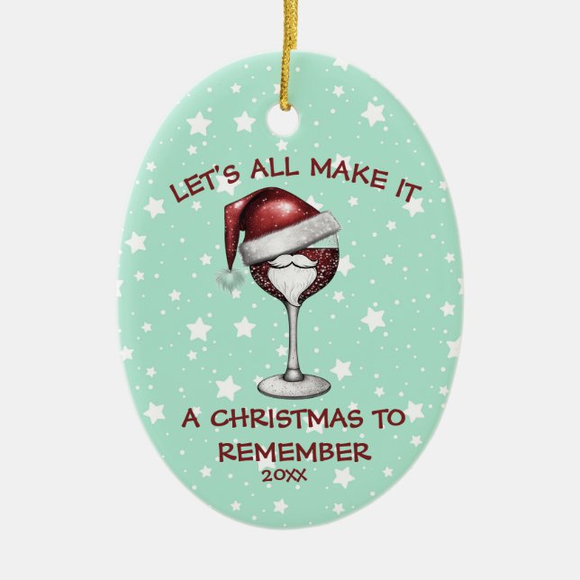 Roter Wein Glas mit Weihnachtsmannmütze Weinkultur Keramik Ornament (Vorne)