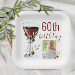 Roter Wein Rose Aquarell Foto 60. Geburtstag Pappteller<br><div class="desc">Rustikale Rotweinglas Rose Aquarell Foto 60. Geburtstagsparty Papier Bowl. Das Design hat Aquarellglas,  Rose und Zweige. Der Text ist vollständig anpassbar - personalisieren Sie ihn mit Ihrem Foto und Alter.</div>