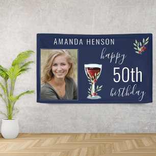 Roter Wein Rose Watercolor Blau Foto 50. Geburtsta Banner