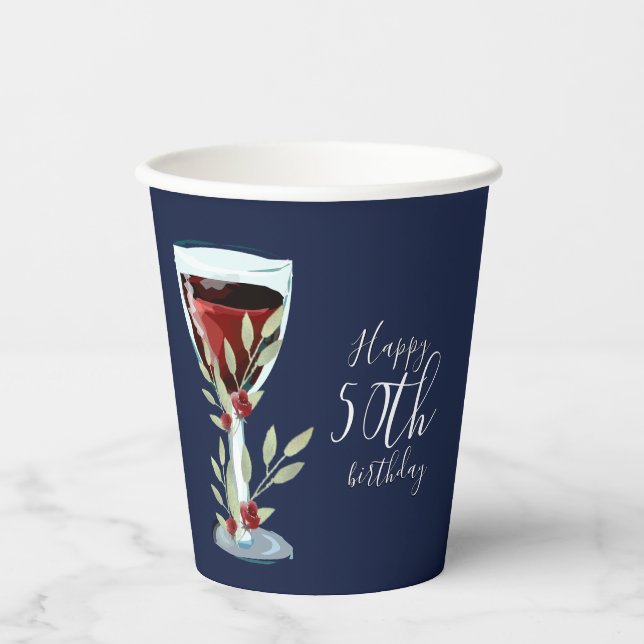 Roter Wein Rose Watercolor Navy Blue 50. Geburtsta Pappbecher (Vorderseite)