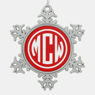Roter Weißer 3 Anfangsbuchstabe Kreis Monogramm-Sc Schneeflocken Zinn-Ornament
