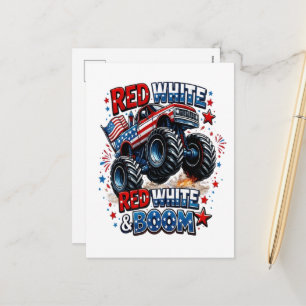 Roter Weißer Boom-Monstertruck Feiertagspostkarte