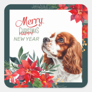 Roter Weißer Cavalier King Charles Spaniel Weihnac Quadratischer Aufkleber