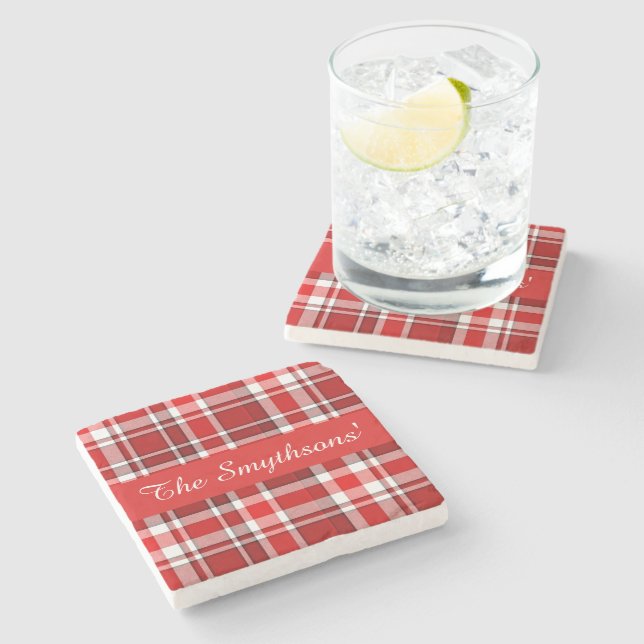 Roter weißer karierter Tartan | addieren Ihren Steinuntersetzer (Seitenansicht)