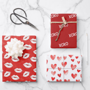 Roter Weißer Kuss Lippen Flirt Liebe XO Valentinst Geschenkpapier Set