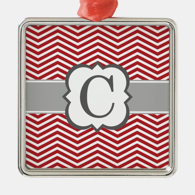 Roter weißer Monogramm-Buchstabe C Zickzack Silbernes Ornament (Vorne)