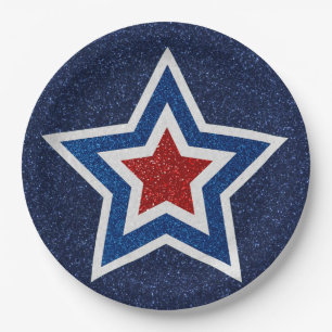 Roter, Weißer und Blauer Stern 4. Juli Glitter Pappteller