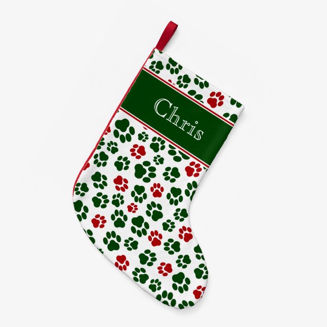 Roter, weißer und grüner Tatzen-Druck-Strumpf Kleiner Weihnachtsstrumpf (Vorderansicht (hängend))