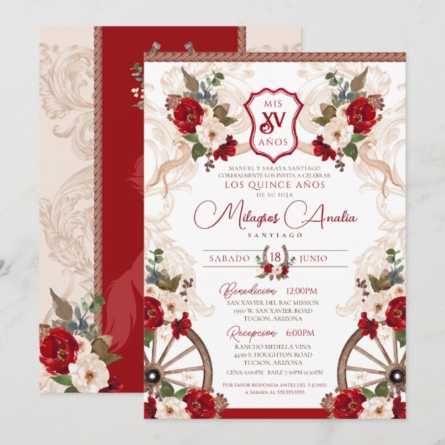 Roter Western Blumenbaroque Charro Quinceñera Einladung (Vorne/Hinten)