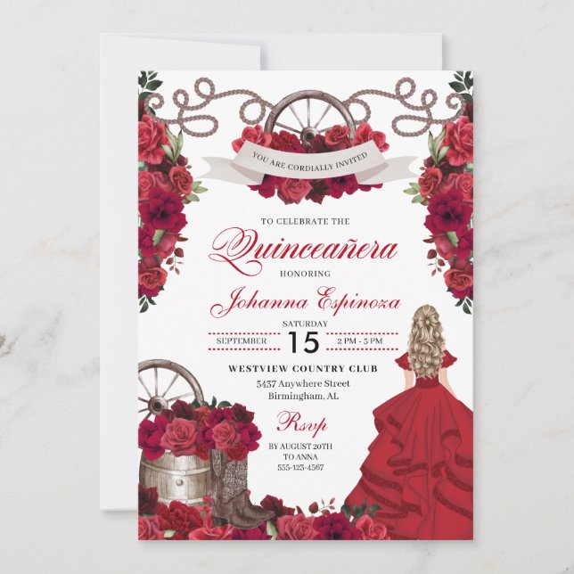 Roter Western der Blüte Ranchero Quinceanera Einladung (Vorderseite)