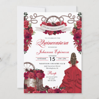 Roter Western der Blüte Ranchero Quinceanera Einladung