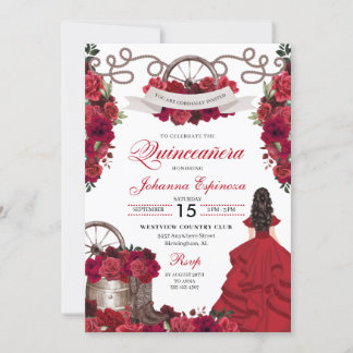 Roter Western der Blüte Ranchero Quinceanera Einladung