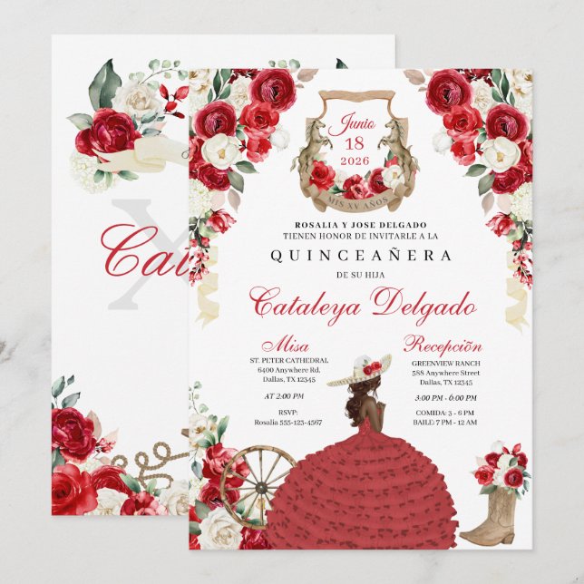 Roter Western Fairytale Prinzessin Charro Quinceañ Einladung (Vorne/Hinten)