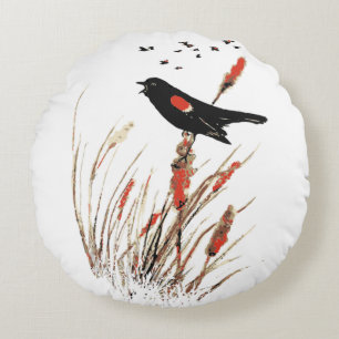 Roter Wing Blackbird Natur Kunst Rundes Kissen