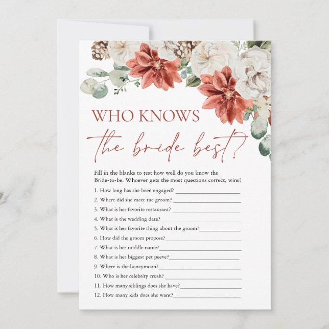 Roter Winter, der das Bride Best Bridal Game kennt Einladung (Vorderseite)