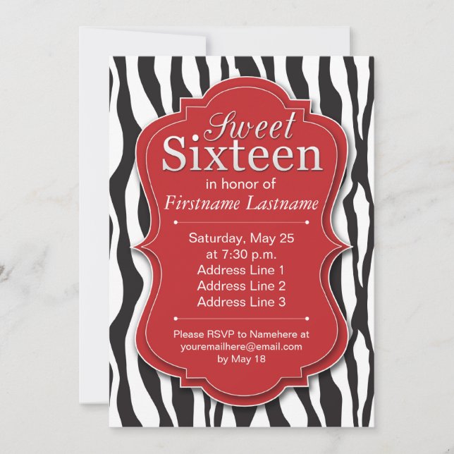 Roter Zebra-Druck-Bonbon 16 Einladung (Vorderseite)