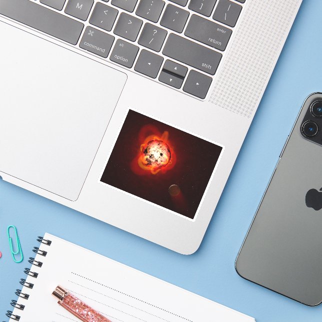 Roter Zwergstern, der von einem hypothetischen Exo Aufkleber (Laptop mit iPhone)