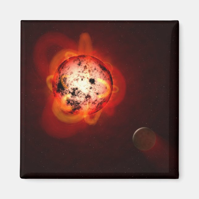 Roter Zwergstern, der von einem hypothetischen Exo Magnet (Vorne)