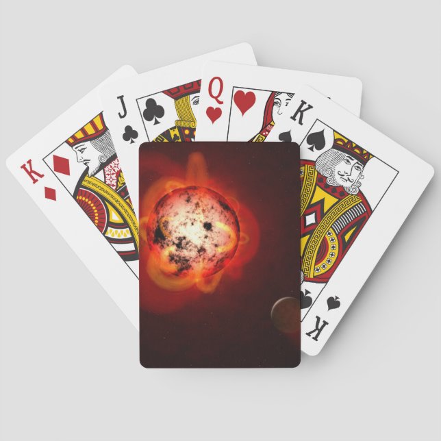 Roter Zwergstern, der von einem hypothetischen Exo Spielkarten (Rückseite)