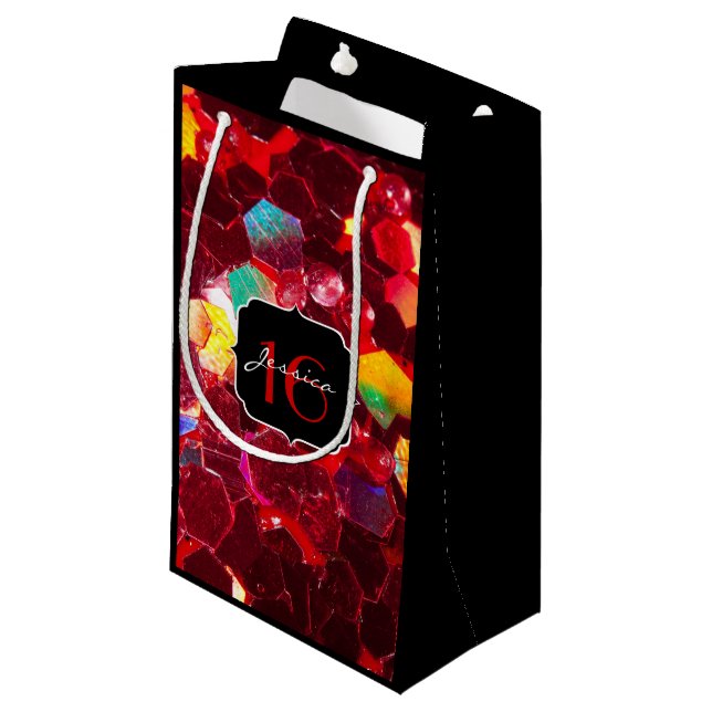Rotes abstraktes Mosaik glänzender Glitzer Muster  Kleine Geschenktüte (Vorderseite Schrägansicht)