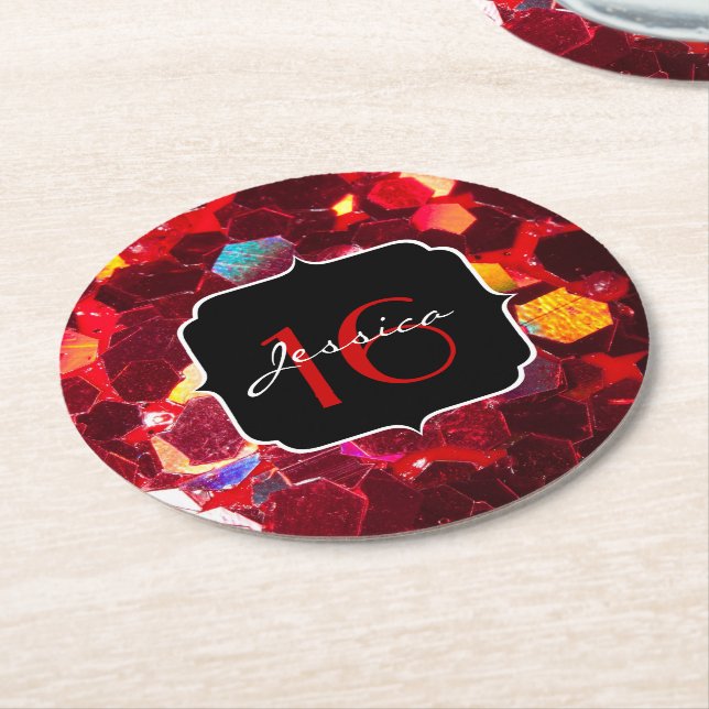 Rotes abstraktes Mosaik glänzender Glitzer Muster  Runder Pappuntersetzer (Angewinkelt)