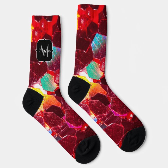 Rotes abstraktes Mosaikmuster Glitzer-Muster Monog Socken (Rechts)