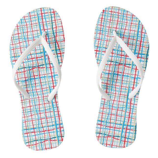 Rotes Aqua Türkis Gelbe schwanzige Linien Kariert  Flip Flops (Fußbett)