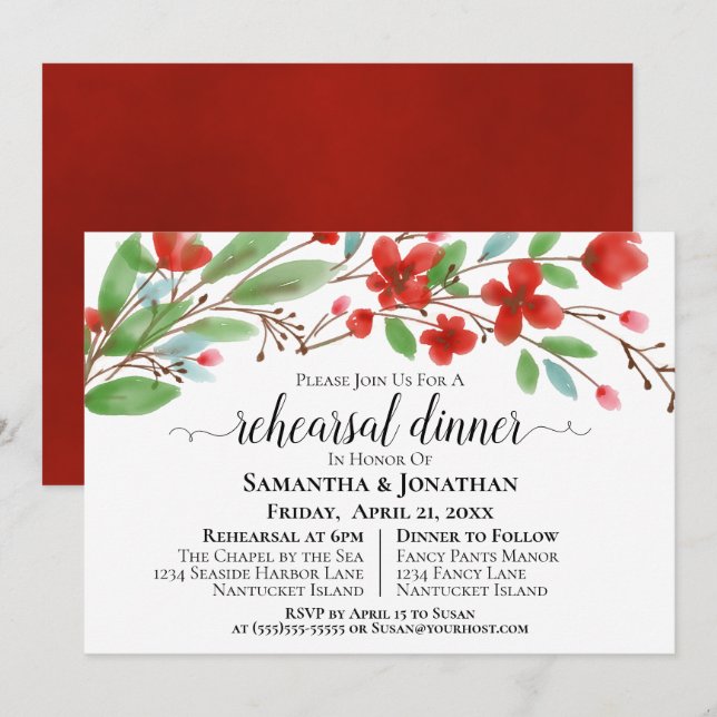 Rotes Aquarellblüten Hochzeitliches Probe Abendess Einladung (Vorne/Hinten)