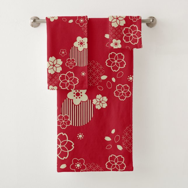 Rotes asiatisches Muster mit Frühlingsblumen Badhandtuch Set (Insitu)