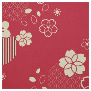 Rotes asiatisches Muster mit Frühlingsblumen Stoff