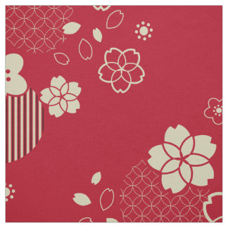 Rotes asiatisches Muster mit Frühlingsblumen Stoff