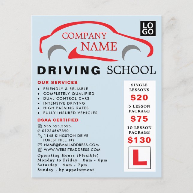 Rotes Auto-Logo, Fahrschule, Lehrerwerbung Flyer (Vorne)