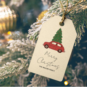 Rotes Auto mit Weihnachtsbaum Minimalistischer V Geschenkanhänger