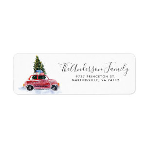 Rotes Auto mit Weihnachtsbaum-Rücksende-Adressetik