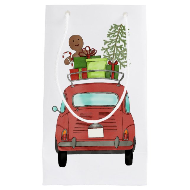Rotes Auto mit Weihnachtsgeschenken Kleine Geschen Geschenktüte (Vorderseite)