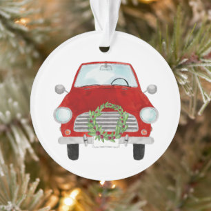 Rotes Auto mit Weihnachtskranz Ornament
