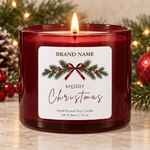 Rotes Band und Immergrün Frohe Weihnachten Kerzene Quadratischer Aufkleber