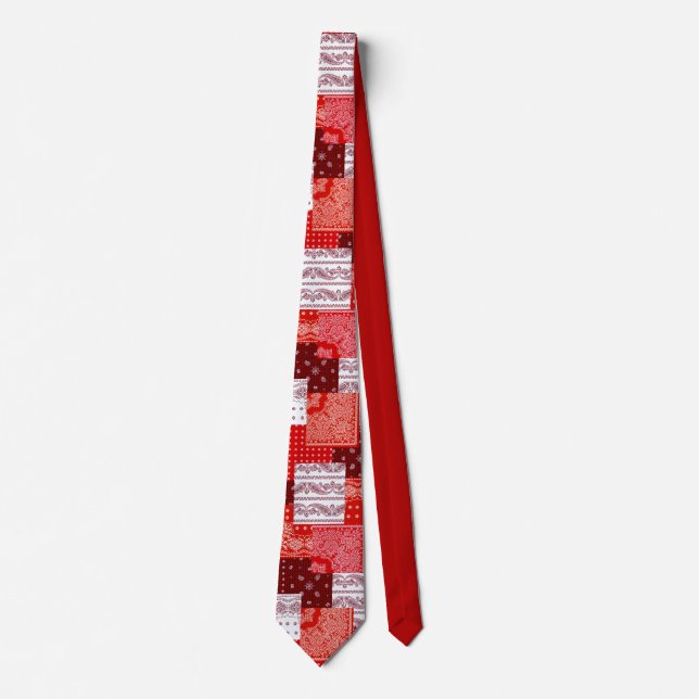 Rotes Bandana-Patchwork-Paisley-Nähmuster Krawatte (Vorderseite)