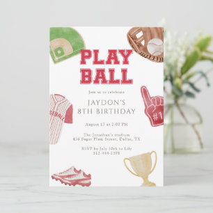 Rotes Baseball-Sport-Geburtstagsfeier 'Play Ball' Einladung