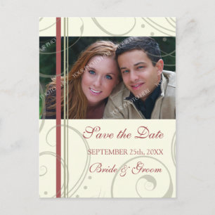 Rotes beige Foto Save the Date, das Postkarten
