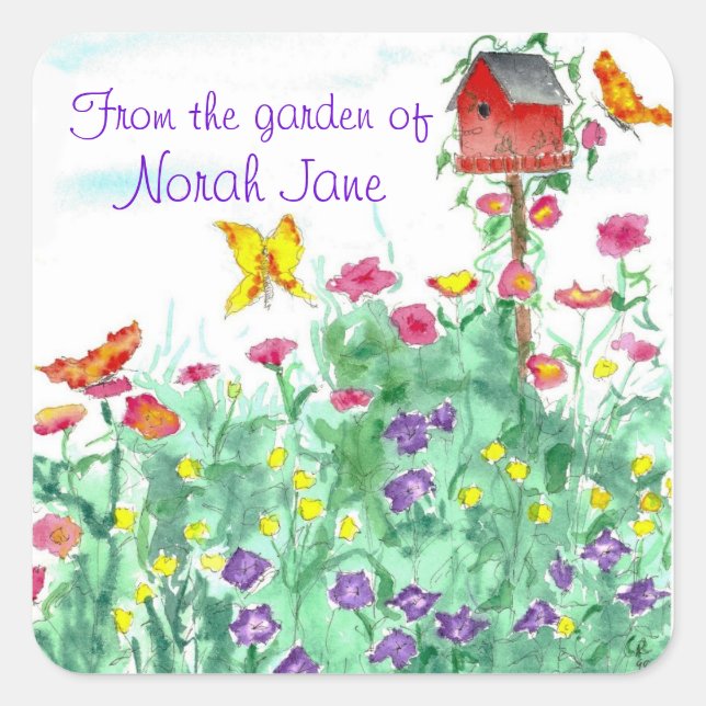 Rotes Birdhouse Butterfly Blumengarten Wasserfarbe Quadratischer Aufkleber (Vorderseite)