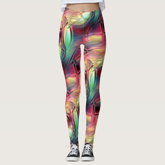 Rotes bis grünes, buntes, zerbrochenes Strandtuch Leggings (Vorderseite)