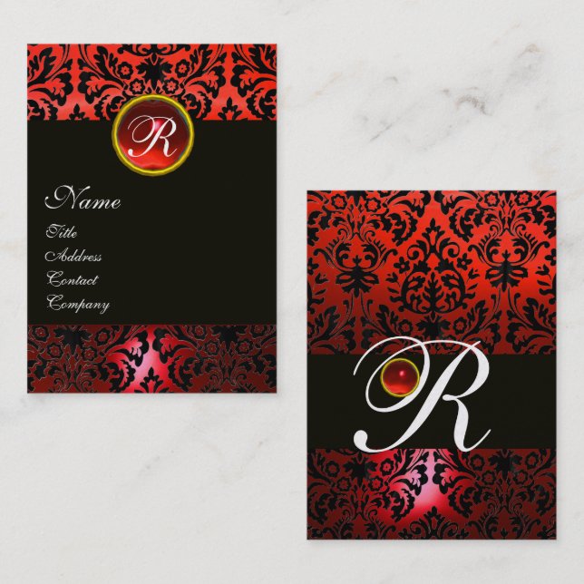 ROTES BLACK-DAMASK-FLORAL-MONOGRAM, Ruby Gemstone Visitenkarte (Vorne/Hinten)