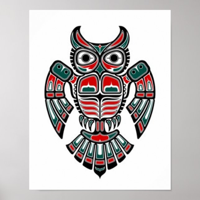 Rotes Blau und Schwarzes Haida Spirit Owl Poster (Vorne)