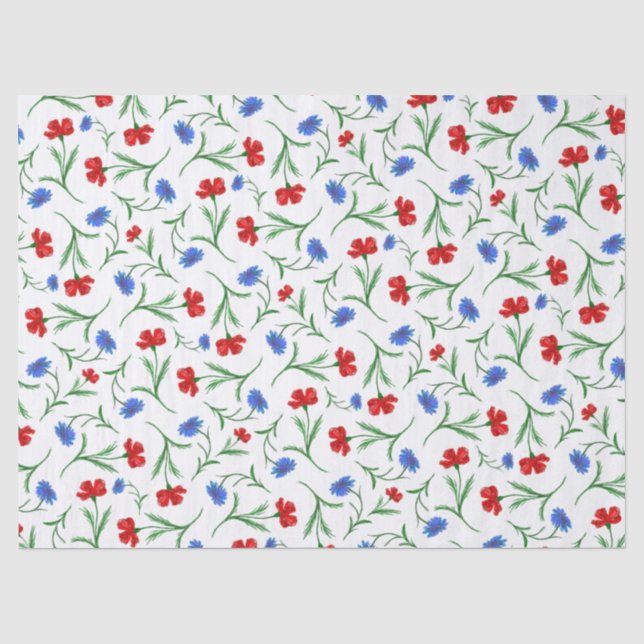Rotes blaues Blumenmuster Elegante Wildblumen Seidenpapier (Vorderseite)