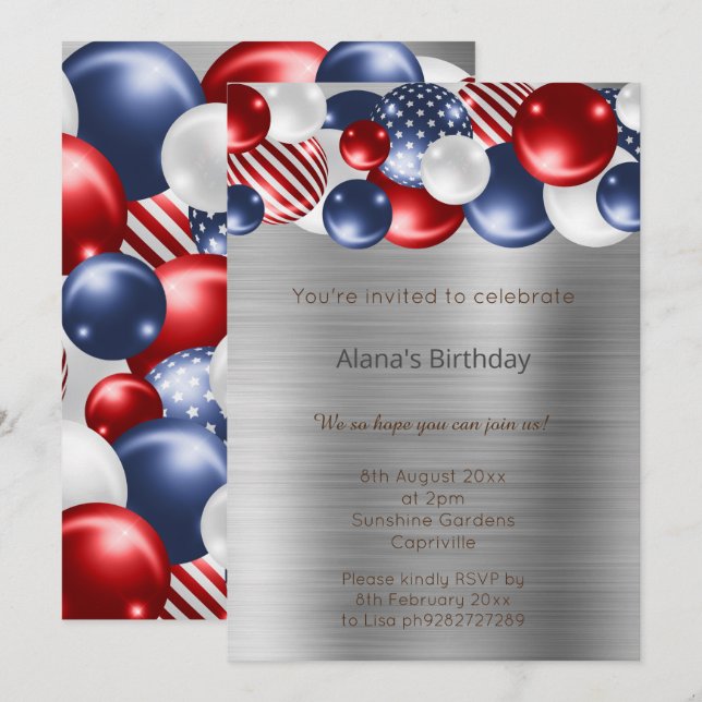 ROTES BLAUES PATRIOTISCHES SILBER BALLOON BIRTHDAY EINLADUNG (Vorne/Hinten)