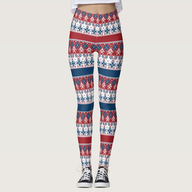 Rotes blaues Streifenmuster Leggings (Vorderseite)
