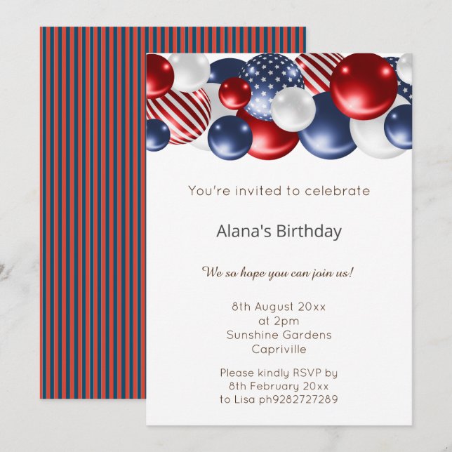 ROTES BLUE PATRIOTIC STRIPED BALLOON EINLADUNG (Vorne/Hinten)