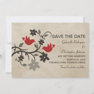 Rotes Blumen-Liebesvögel-Save-the-Date-Einladung Einladung