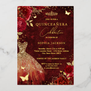 Rotes Blumen-Schmetterling-Gold-Kleid Quinceanera  Folieneinladung